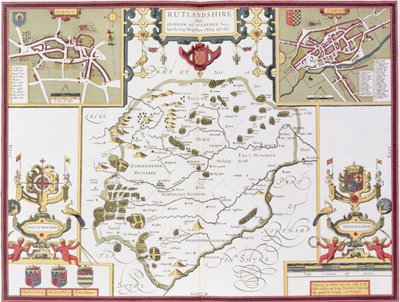 Rutlandshire with Oukham and Stanford, engraved by Jodocus Hondius from John Speed